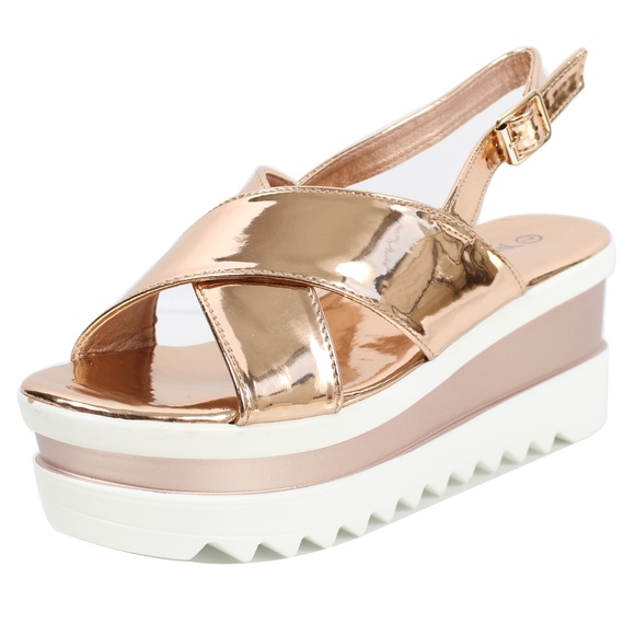 Rose Gold Open Toe Criss Cross Slingback Flatform - Picture 2 of 6